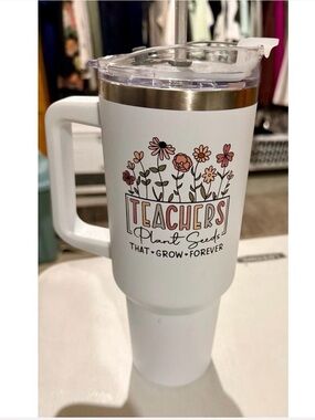 White "Teachers Plant Seeds" Insulated Travel Mug with Handle